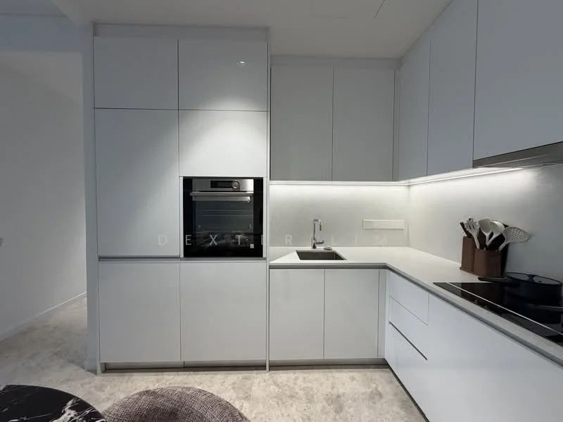 Kitchen features: white cabinetry, built-in oven, stainless-steel sink, chrome pull-down faucet, quartz countertop, induction cooktop, under-cabinet lighting, marble-look backsplash, open shelving, kitchen utensils holder; style: modern.