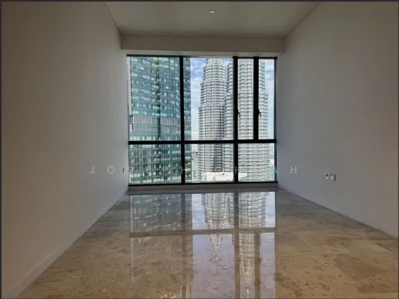 Room features: marble flooring, floor-to-ceiling windows, city view, neutral painted walls, recessed downlights, open layout, high ceilings, natural light; style: modern; view: city.