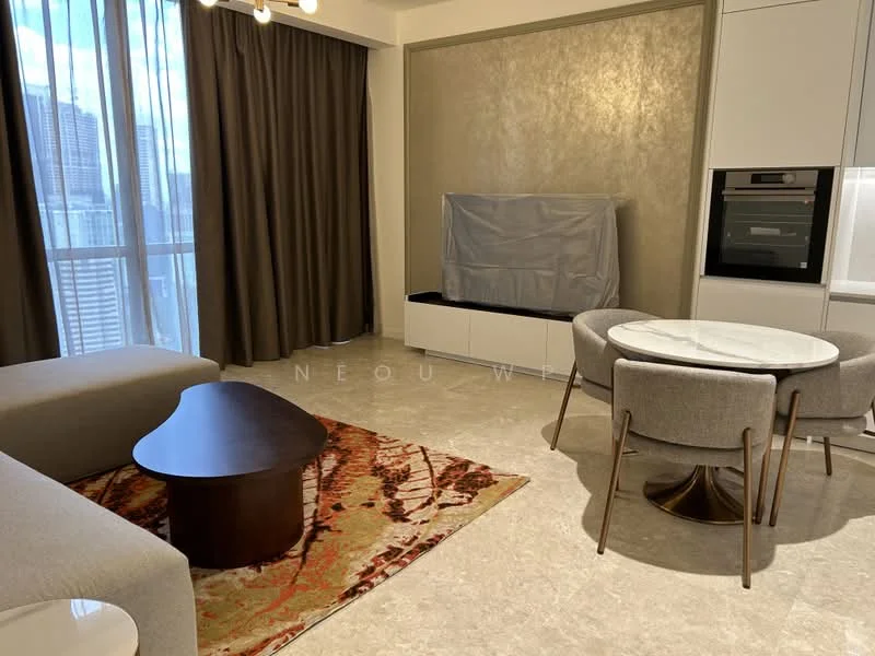 Living features: floor-to-ceiling windows, grey curtains, marble tile flooring, chandelier, 3-seater fabric sofa in light grey, round dining table, upholstered dining chairs, coffee table with dark wood finish, decorative area rug with abstract pattern, built-in wall unit with TV, oven built into cabinetry, wall-mounted TV, light-colored cabinetry; style: modern; view: city.