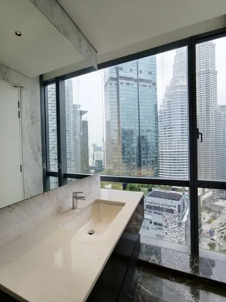 Bathroom features: marble countertop, single-bowl sink, chrome faucet, floor-to-ceiling windows, city view, grey marble flooring, recessed downlights, white painted walls; style: modern; view: city.