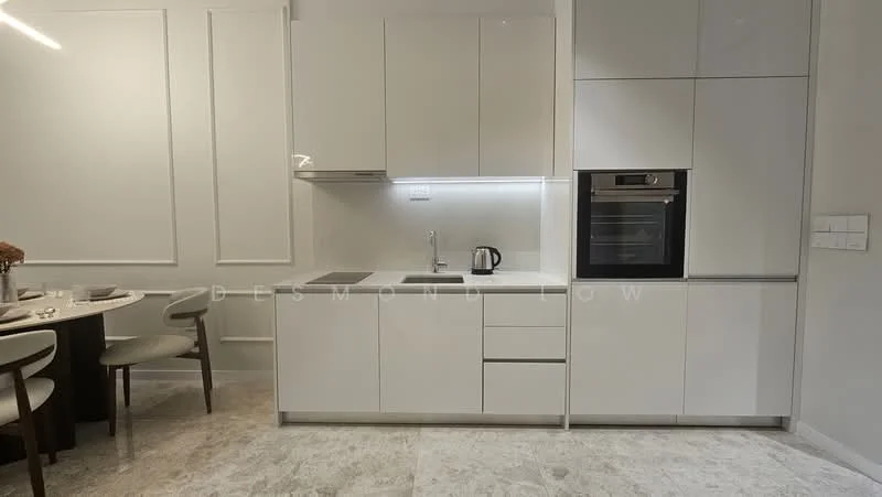 Kitchen features: white cabinetry, built-in oven, stainless-steel kettle, single-bowl stainless-steel sink, chrome pull-down faucet, quartz countertop, recessed LED downlights, marble tile flooring, integrated refrigerator, flat-panel cabinet doors, under-cabinet lighting; style: modern.