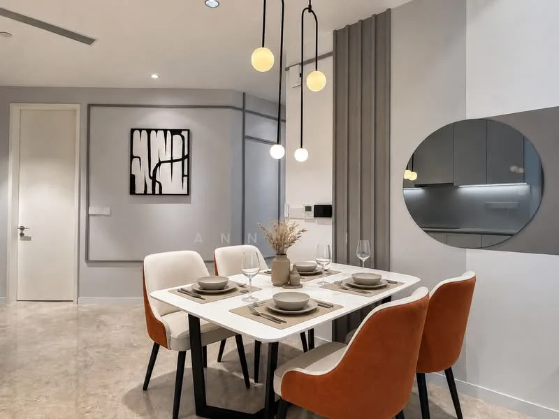 Dining features: 4-seater dining table, white tabletop, black metal legs, upholstered dining chairs in orange and white, decorative vase on table, table setting with plates and glasses, pendant lighting with three spherical bulbs, grey accent wall, mirror on wall, textured wall paneling, recessed lighting, cream-colored flooring; style: modern.