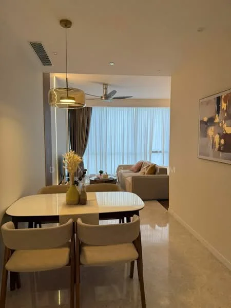 Dining features: white dining table, 4 beige upholstered dining chairs, pendant lamp with gold finish, decorative vase with flowers, marble flooring, recessed downlights, wall with light cream paint, open layout to living area; style: modern; view: city. Living features: 3-seater fabric sofa in light grey, coffee table, floor-to-ceiling windows with sheer curtains, decorative cushions, area rug, ceiling fan, wall-mounted artwork; style: modern; view: city.