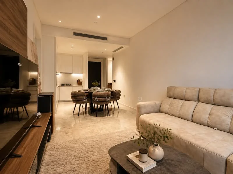 Living features: beige leather sofa, coffee table, wall-mounted TV, wooden TV console, recessed downlights, cream painted walls, marble flooring, area rug, decorative plant in vase; style: modern. Dining features: round dining table, upholstered dining chairs, decorative centerpiece; style: modern.