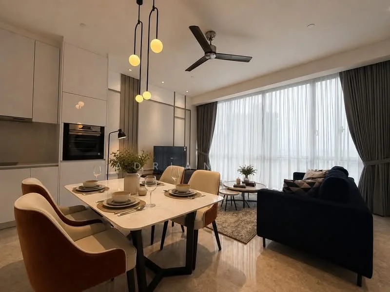 Living features: 3-seater fabric sofa in navy blue, 2-seater dining table with white marble top, 4 upholstered dining chairs in cream and brown, pendant lighting with multiple bulbs, ceiling fan with light, floor-to-ceiling windows with sheer curtains, light grey area rug, decorative plants in ceramic pots, wall-mounted TV, built-in cabinetry, marble flooring; style: modern.