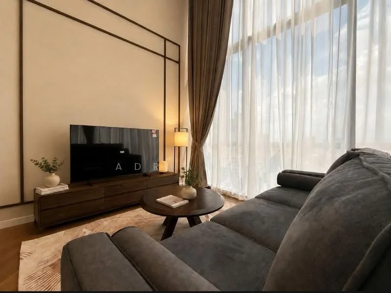 Living features: floor-to-ceiling windows, sheer curtains, grey fabric sofa, round coffee table, TV console, wall-mounted TV, decorative plant, area rug with geometric pattern, wooden flooring, wall paneling, table lamp; style: modern; view: city.