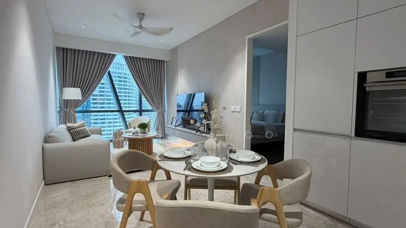 Living features: floor-to-ceiling windows, city view, 3-seater fabric sofa in light grey, coffee table, wall-mounted TV, dining table for 4, upholstered dining chairs, recessed downlights, light-coloured walls, marble flooring, ceiling fan; style: modern.