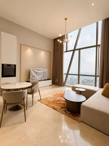 Living features: marble flooring, floor-to-ceiling windows, grey fabric sofa, round coffee table, oval side table, 6-seater dining table, upholstered dining chairs, decorative area rug with geometric pattern, wall-mounted TV console, chandelier with multiple bulbs, curtains, built-in cabinetry; style: modern; view: city.