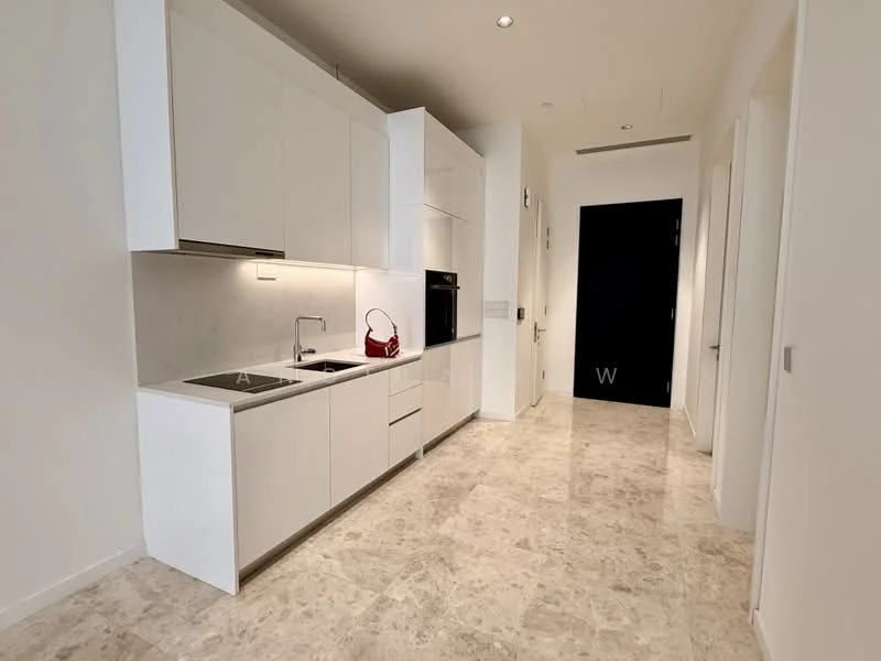 Kitchen features: white cabinetry, stainless-steel sink, chrome pull-down faucet, built-in oven, freestanding range oven, white quartz countertop, tile backsplash, marble tile flooring, recessed downlights, open shelving, kitchen island; style: modern.