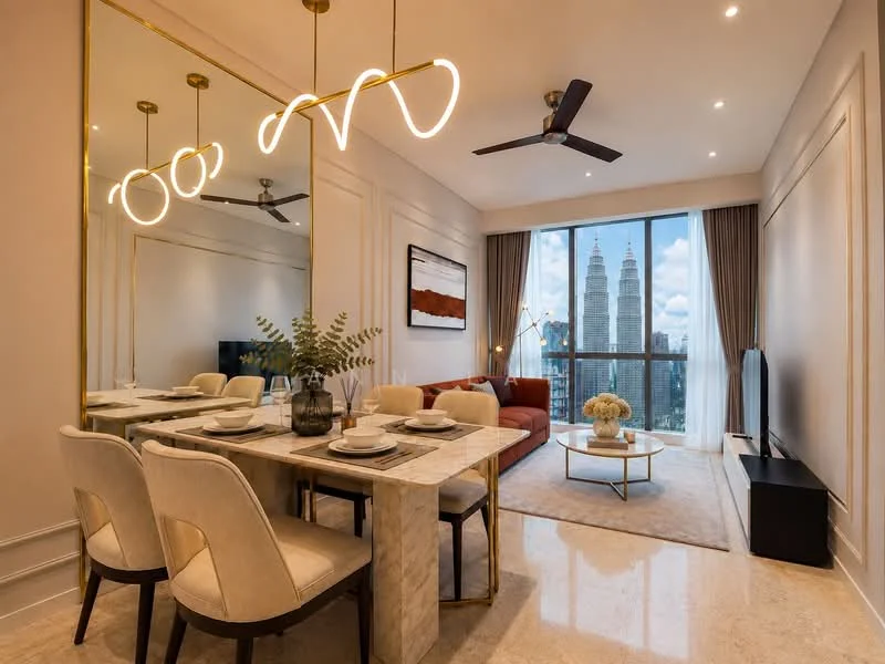 Dining features: marble dining table, 4 upholstered dining chairs, pendant light fixture, floor-to-ceiling windows, city skyline view, cream painted walls, polished marble flooring, decorative wall mirror, sofa in red fabric, TV console, wall-mounted TV, area rug; style: modern; view: city.