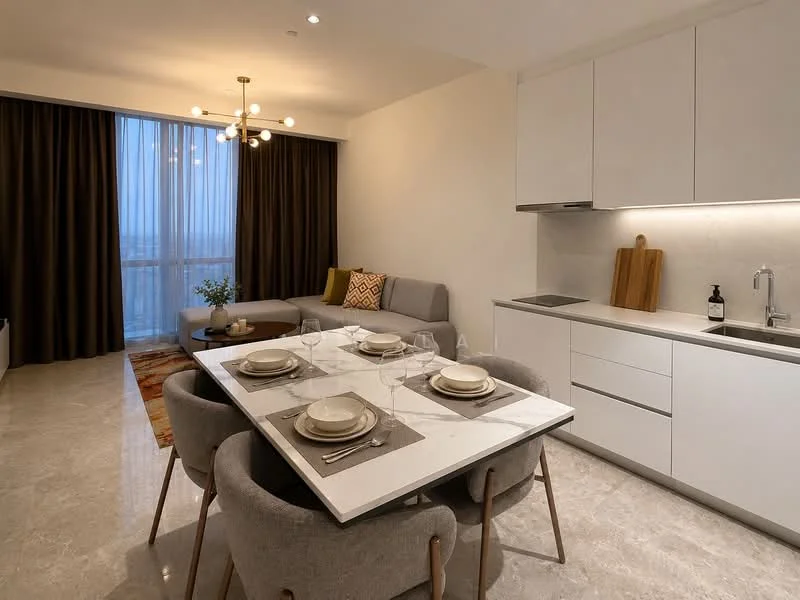 Dining features: marble dining table, 4 upholstered dining chairs, set table with plates and cutlery, pendant light fixture, floor-to-ceiling windows, curtains in dark brown, decorative plant on table, neutral wall color, open layout to living area, light-colored flooring; style: modern; view: city. Living features: grey fabric sofa, colorful throw pillows, area rug with geometric pattern, coffee table, TV console, wall-mounted TV, decorative artwork on wall, floor-to-ceiling windows, curtains in dark brown; style: modern; view: city. Kitchen features: white cabinetry, stainless-steel sink, built-in oven, cooktop, wood cutting board, countertop with minimalist design, under-cabinet lighting; style: modern.