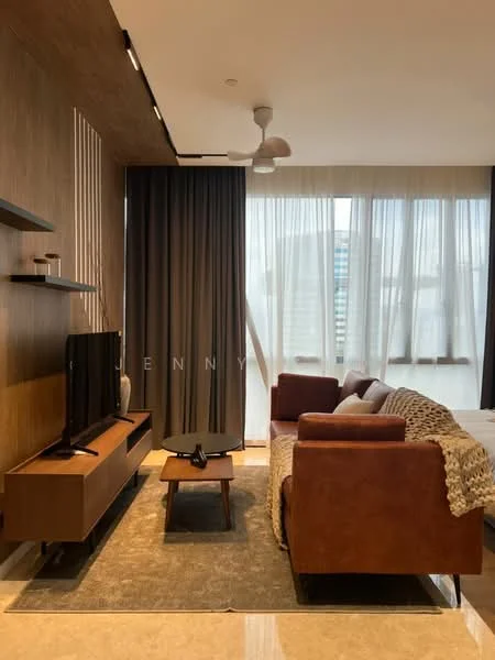 Living features: 3-seater leather sofa in brown, coffee table, TV console, wall-mounted TV, area rug, floor-to-ceiling windows, sheer curtains, dark wood feature wall, ceiling fan with light, decorative throw blanket; style: modern; view: city.