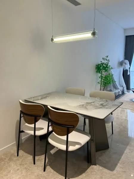 Dining features: glass dining table with decorative design, 4 dining chairs with wooden backs, pendant light fixture above the table, marble flooring, white painted walls, large window with sheer curtains, indoor plant in the background; style: modern.