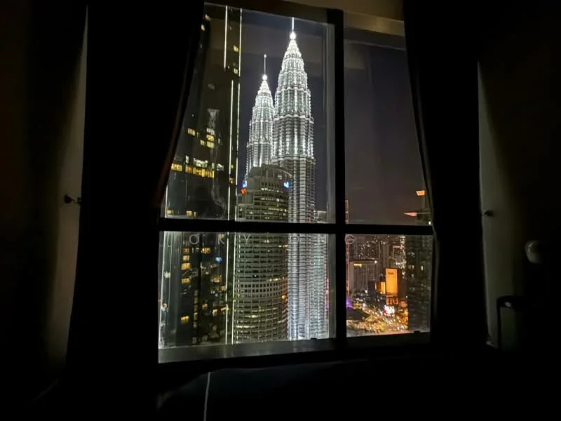 Room features: floor-to-ceiling windows, city skyline view, blackout curtains; view: city.