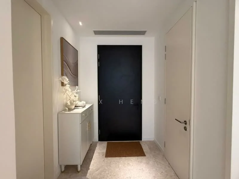 Room features: white painted walls, light-colored flooring, black front door, console table with decorative items, doormat, recessed lighting, artwork on wall, neutral color scheme; style: modern.