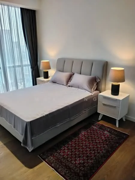 Bedroom features: king-size bed with upholstered headboard, grey bedding, 2 bedside tables, table lamps with beige shades, area rug with geometric pattern, floor-to-ceiling windows with sheer curtains, wooden flooring, decorative wall art; style: modern; view: city.