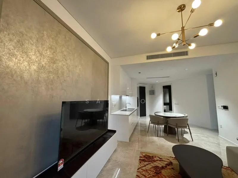 Living features: grey accent wall, white painted walls, marble tile flooring, ceiling light fixture with multiple bulbs, wall-mounted TV, white cabinetry, round dining table, upholstered dining chairs, area rug with geometric pattern; style: modern.