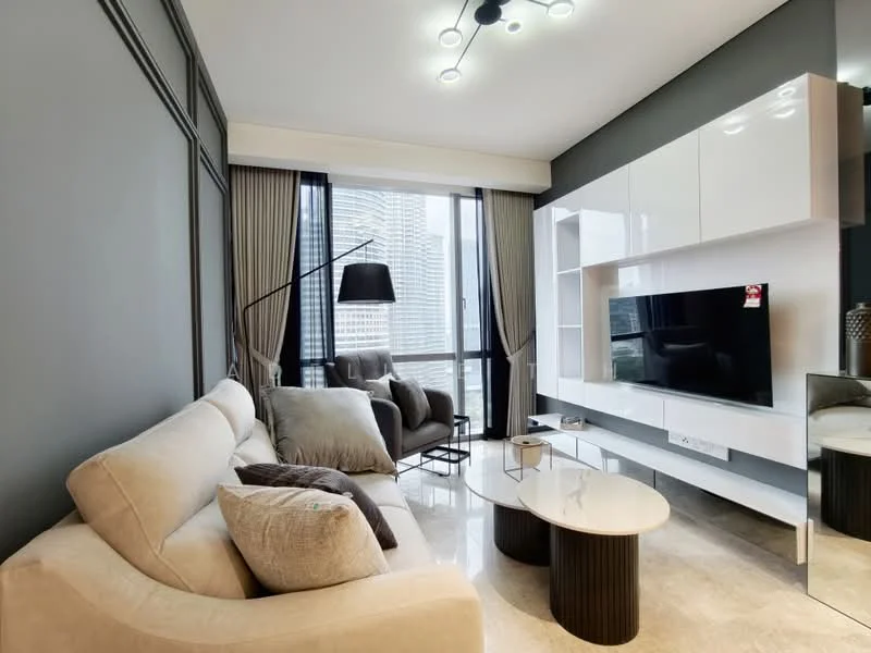 Living features: 3-seater fabric sofa in beige, decorative cushions, round coffee table with black base, wall-mounted TV, white entertainment unit, floor-to-ceiling windows, curtains, recessed ceiling lights, laminate flooring, grey accent wall, black floor lamp, armchair in grey; style: modern; view: city.