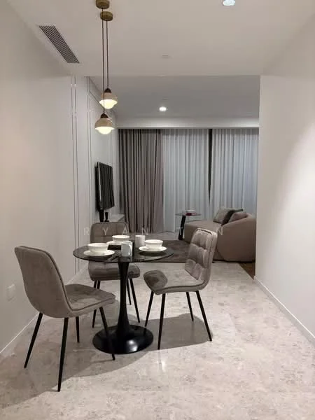 Dining features: round dining table, black pedestal base, 4 upholstered dining chairs in grey, ceramic dinner plates, cutlery, glassware, pendant lighting with two bulbs, marble tile flooring, white painted walls, floor-to-ceiling windows with sheer curtains, sofa visible in background, TV mounted on wall; style: modern.