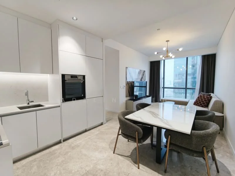 Kitchen features: white cabinetry, built-in oven, stainless-steel sink, chrome pull-down faucet, marble countertop, grey upholstered dining chairs, 6-seater dining table, recessed downlights, open-plan layout, floor-to-ceiling windows, TV console, sofa, decorative wall art; style: modern; view: city.