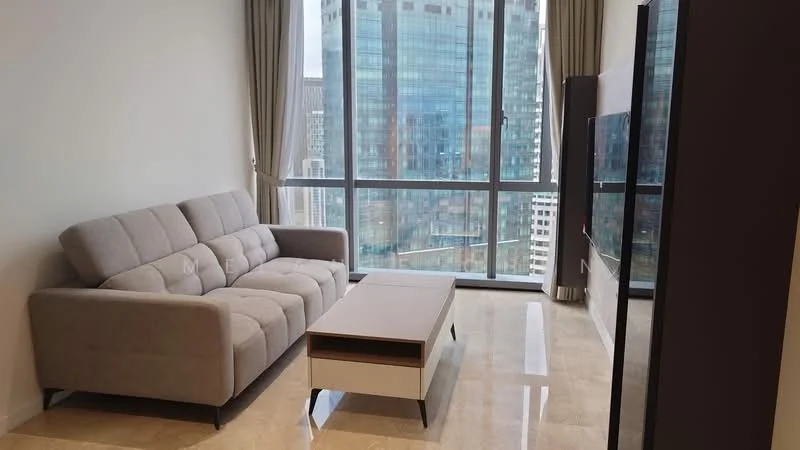 Living features: 3-seater fabric sofa in grey, coffee table with white top and wooden legs, floor-to-ceiling windows, city view, curtains, marble tile flooring, TV console, wall-mounted TV, decorative wall, recessed lighting; style: modern; view: city.