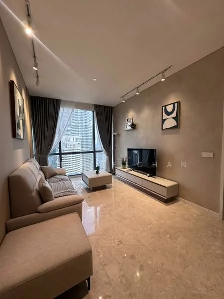 Living features: cream painted walls, marble tile flooring, 5-blade ceiling fan with light, floor-to-ceiling windows, sheer curtains, sofa in beige fabric, coffee table, wall-mounted TV, TV console in white, decorative artwork on walls, area rug with geometric pattern, potted plant; style: modern; view: city.