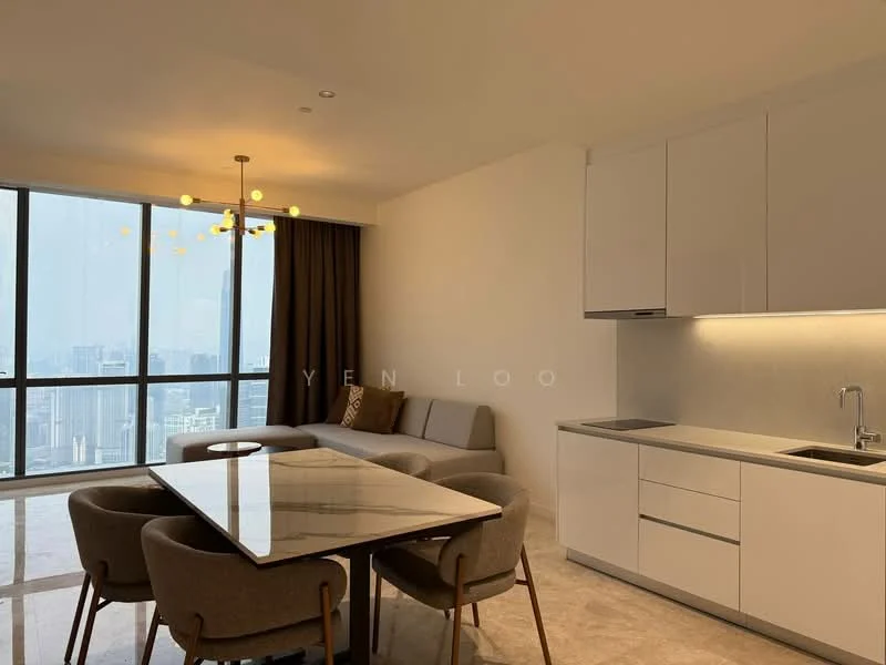 Living features: floor-to-ceiling windows, grey fabric sofa, marble dining table, upholstered dining chairs, pendant light fixture, white cabinetry, stainless-steel sink, built-in countertop, recessed downlights, neutral wall colour, light-coloured flooring; style: modern; view: city.