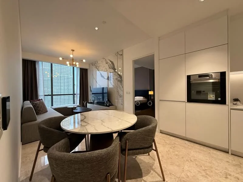 Dining features: round marble dining table, 4 upholstered dining chairs, white cabinetry, built-in oven, refrigerator, marble accent wall, floor-to-ceiling windows, curtains, sofa in living area visible, tile flooring, recessed downlights; style: modern; view: city.