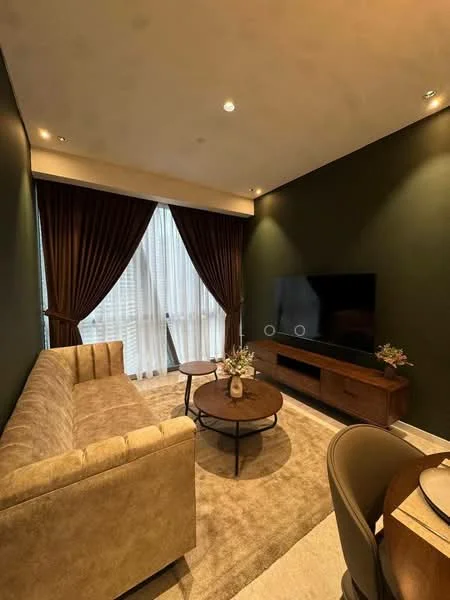 Living features: 3-seater fabric sofa in beige, round coffee table, TV console, wall-mounted TV, floor-to-ceiling windows, sheer curtains, dark green accent wall, recessed downlights, area rug, decorative vase on table, dining table with chairs; style: modern; view: city.