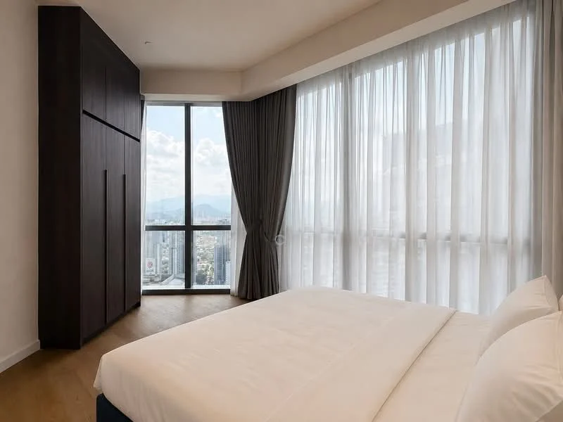 Bedroom features: king-size bed with white bedding, floor-to-ceiling windows, city view, grey curtains, wooden flooring, built-in wardrobe with dark wood finish, minimalist decor, neutral wall color; style: modern; view: city.