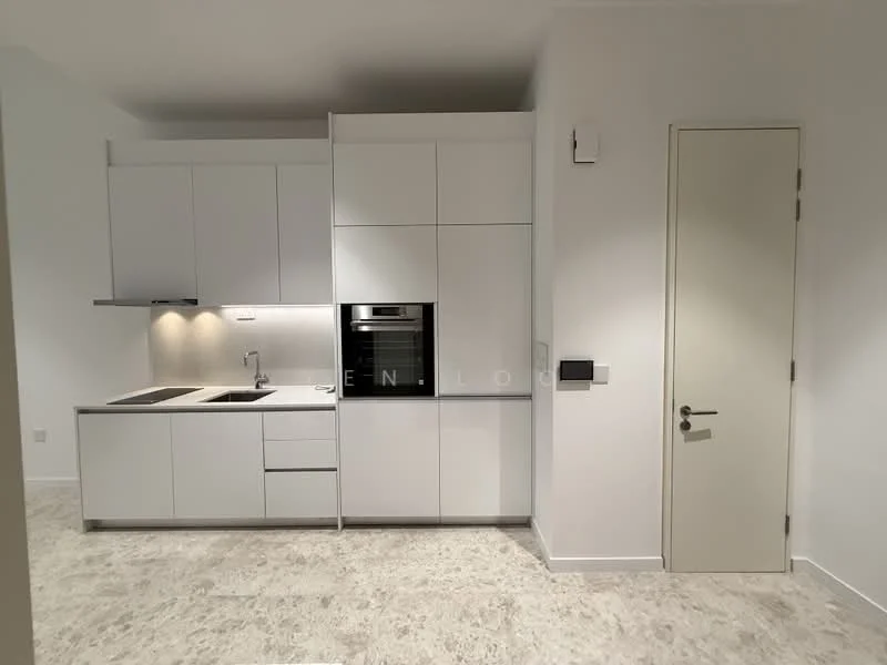 Kitchen features: white cabinetry, built-in oven, stainless-steel sink, chrome pull-down faucet, white quartz countertop, ceramic tile flooring, recessed downlights, integrated refrigerator, single-bowl sink, flat-panel cabinet doors, minimalist design, wall-mounted control panel; style: modern.