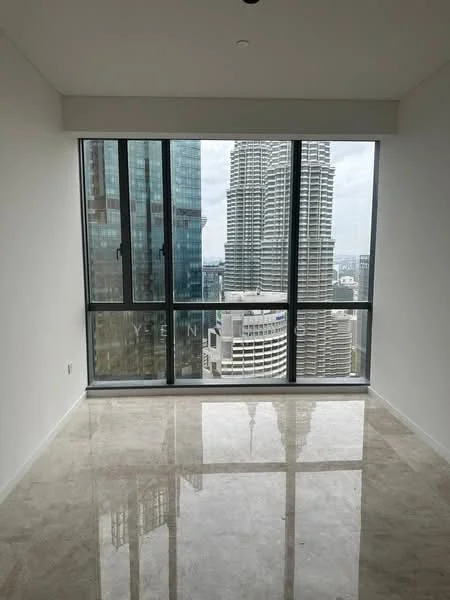 Room features: large floor-to-ceiling windows, marble flooring, neutral painted walls, city skyline view, natural light, open layout, high ceilings, minimalist design; style: modern; view: city.