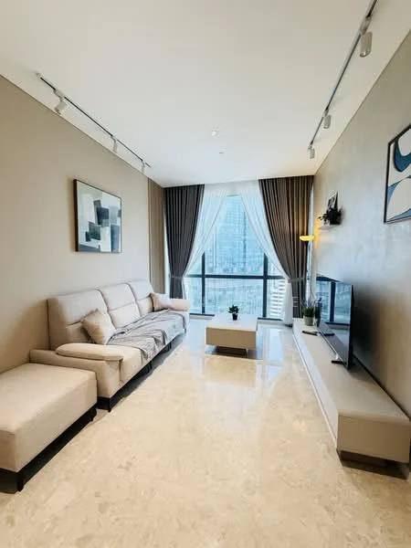 Living features: 3-seater fabric sofa in light beige, L-shape sectional sofa, coffee table, wall-mounted TV, TV console, marble flooring, floor-to-ceiling windows, sheer curtains, decorative wall art, recessed downlights, decorative plant; style: modern; view: city.
