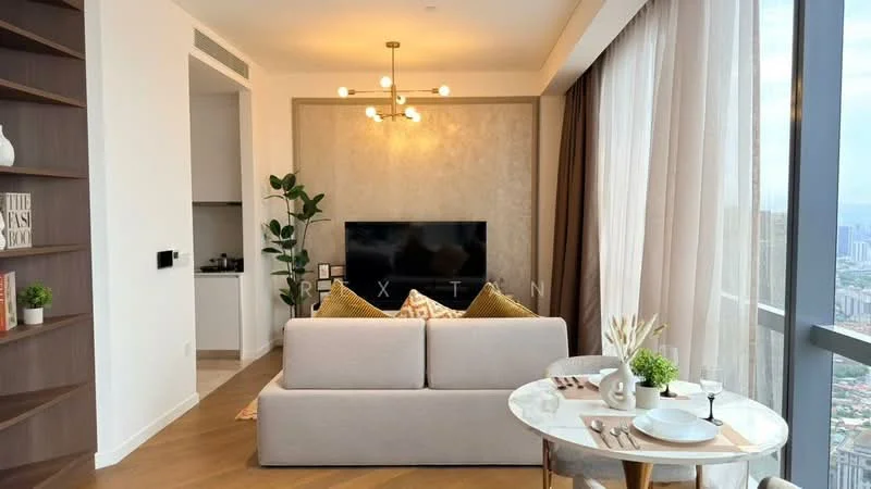 Living features: 3-seater fabric sofa in light grey, decorative cushions in gold, wall-mounted TV, wooden TV console, round dining table, upholstered dining chairs, pendant light fixture, floor-to-ceiling windows, curtains, indoor plant, wooden flooring, accent wall with textured finish; style: modern; view: city.
