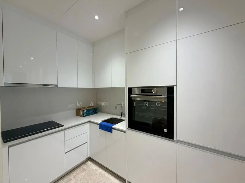 Kitchen features: white glossy cabinetry, built-in oven, stainless-steel sink, chrome pull-down faucet, black countertop, ceramic tile flooring, recessed downlights, integrated appliances, grey backsplash, drawer storage, open shelving; style: modern.