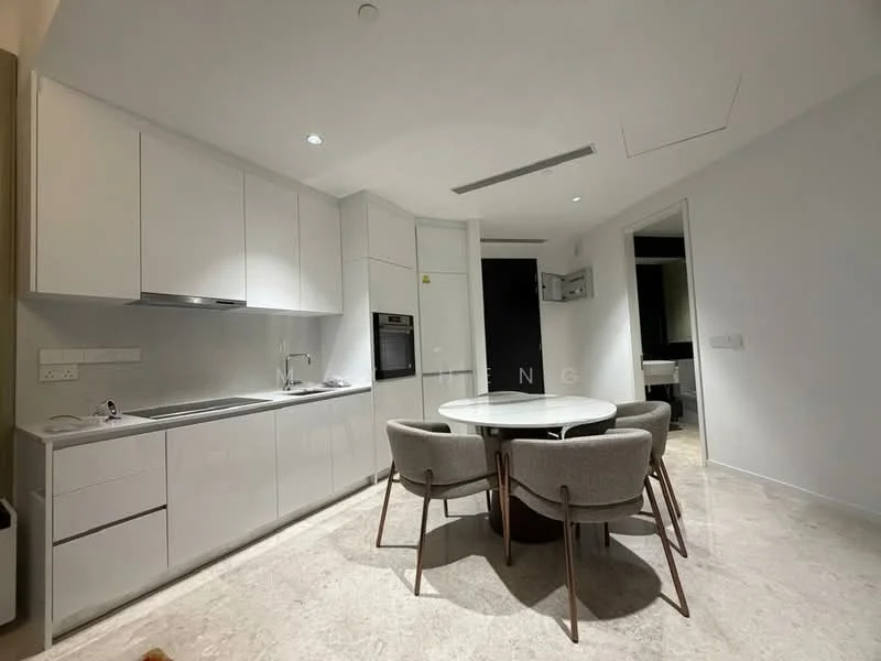 Kitchen features: white cabinetry, stainless-steel sink, chrome pull-down faucet, built-in oven, ceramic cooktop, refrigerator, marble countertop, round dining table, upholstered dining chairs, recessed downlights, grey tile flooring; style: modern.