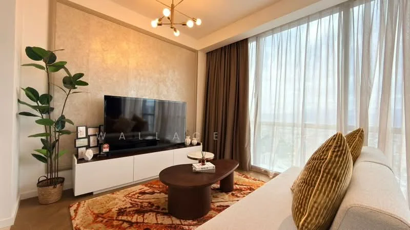 Living features: light grey fabric sofa, round wooden coffee table, large flat-screen TV on white media console, decorative wall with textured finish, floor-to-ceiling windows with sheer curtains, brown area rug with geometric pattern, indoor plant in decorative pot, gold and white pendant light fixture; style: modern; view: city.