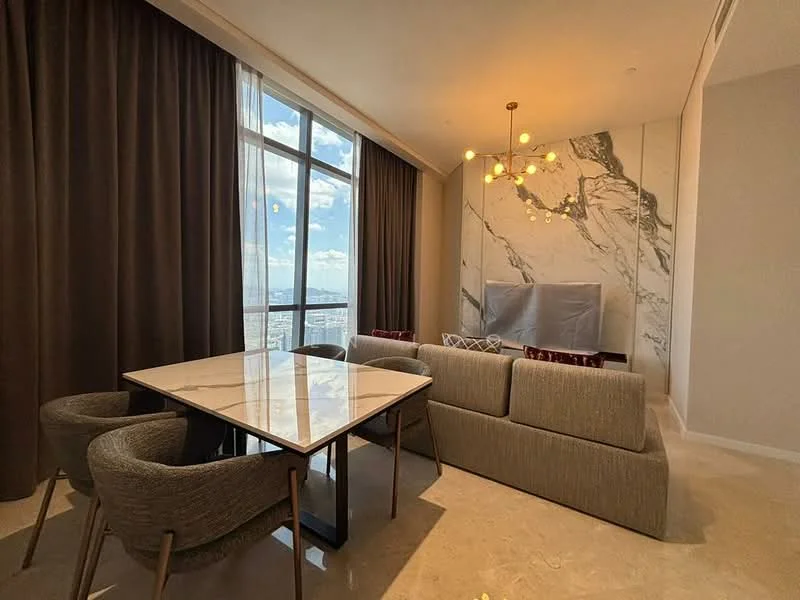 Living features: large floor-to-ceiling windows, grey marble accent wall, beige fabric sofa, 4-seater dining table with marble top, grey upholstered dining chairs, chandelier with multiple bulbs, curtains in dark brown fabric, polished stone flooring; style: modern; view: city.