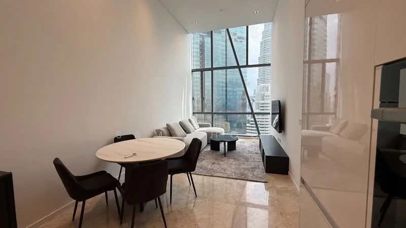 Living features: floor-to-ceiling windows, grey fabric sofa, coffee table with marble top, area rug, wall-mounted TV, light-colored walls, marble flooring, recessed downlights; style: modern; view: city. Dining features: round dining table, 4 upholstered dining chairs, white cabinetry, minimalist decor; style: modern; view: city.