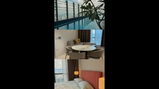 Room features: floor-to-ceiling windows, city view, round dining table, upholstered dining chairs, sofa, bed with upholstered headboard, bedside lamp, decorative plant, curtains, light-colored bedding; style: modern; view: city.