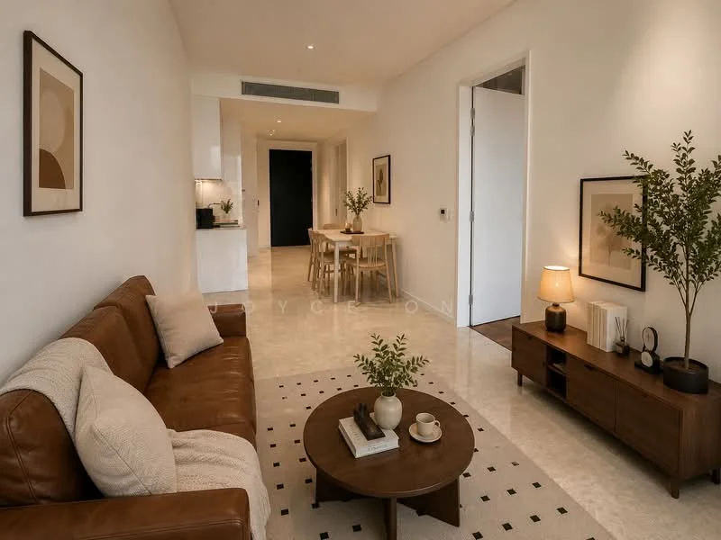 Living features: brown leather sofa, cream throw pillow, round coffee table, decorative plant in ceramic pot, wooden TV console, table lamp, framed artwork on wall, area rug with geometric pattern, marble flooring, recessed lighting, white painted walls; style: modern. Dining features: wooden dining table, four dining chairs, white walls, recessed lighting; style: modern.