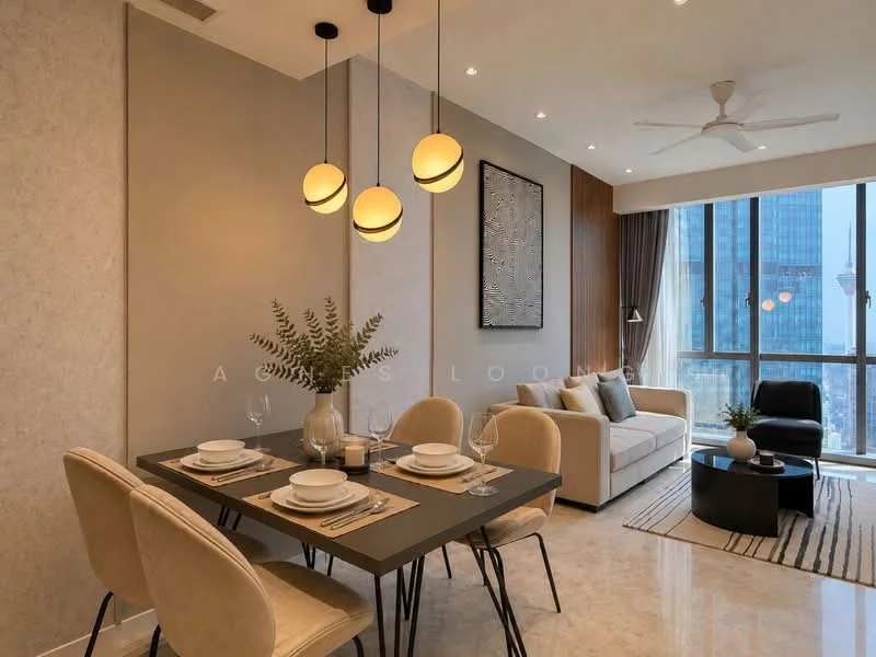 Dining features: 4-seater dining table, black dining table, upholstered dining chairs, decorative centerpiece with greenery, table setting with plates and glasses, pendant lighting with three globes, wall-mounted artwork, large window with city view, curtains, light-colored walls, marble flooring, ceiling fan with light; style: modern; view: city. Living features: beige fabric sofa, coffee table, area rug with stripes, floor-to-ceiling windows, light-colored walls, decorative wall paneling, TV console, wall-mounted TV; style: modern; view: city.