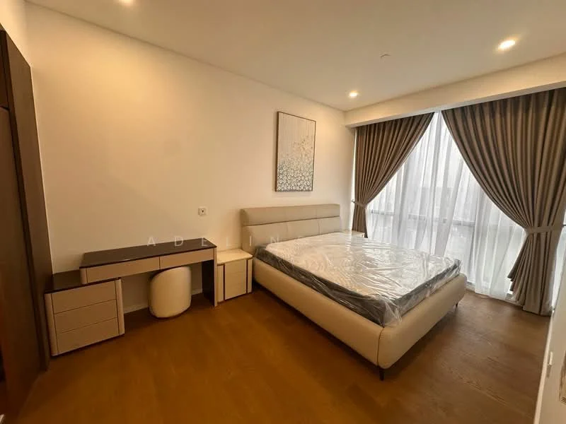 Bedroom features: king-size bed with mattress protector, upholstered headboard, two bedside tables, study desk, white chair, floor-to-ceiling windows, sheer curtains, dark wood flooring, decorative wall art, recessed downlights; style: modern.