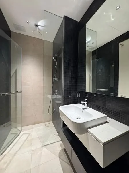 Bathroom features: glass shower enclosure, rain shower head, handheld shower, single-bowl sink, chrome basin mixer faucet, wall-mounted mirror, black tiled accent wall, light-colored wall tiles, recessed ceiling lights, floating vanity with storage, tile flooring; style: modern.