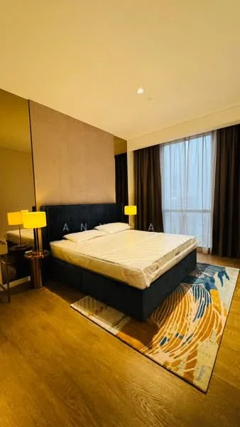 Bedroom features: king-size bed, upholstered headboard, two bedside lamps, wooden side table, area rug with abstract pattern, floor-to-ceiling window, curtains, wooden flooring, recessed downlights, mirror on wall; style: modern; view: city.