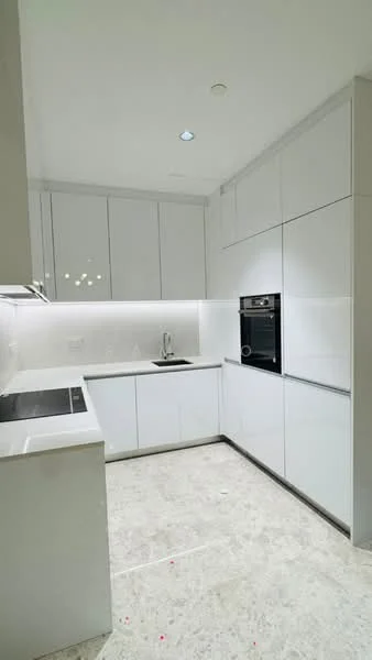 Kitchen features: white cabinetry, built-in oven, stainless-steel sink, chrome pull-down faucet, white quartz countertop, recessed LED downlights, smooth plastered walls, ceramic tile flooring; style: modern.