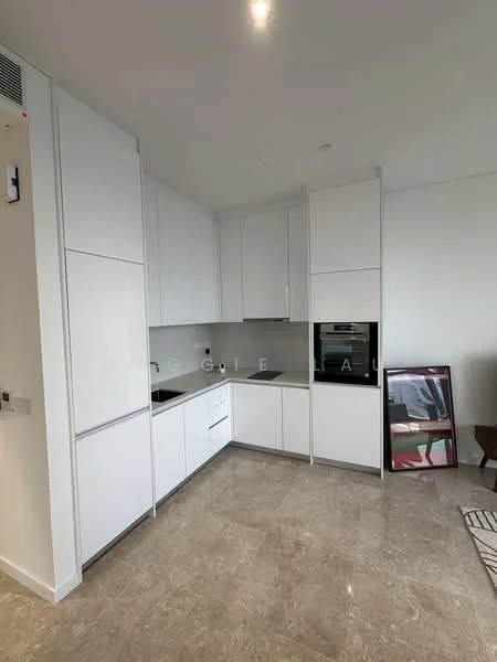 Kitchen features: white flat-panel cabinets, built-in oven, stainless-steel sink, chrome pull-down faucet, grey stone countertop, ceramic tile backsplash, integrated refrigerator, marble tile flooring, recessed downlights, wall-mounted split AC; style: modern.