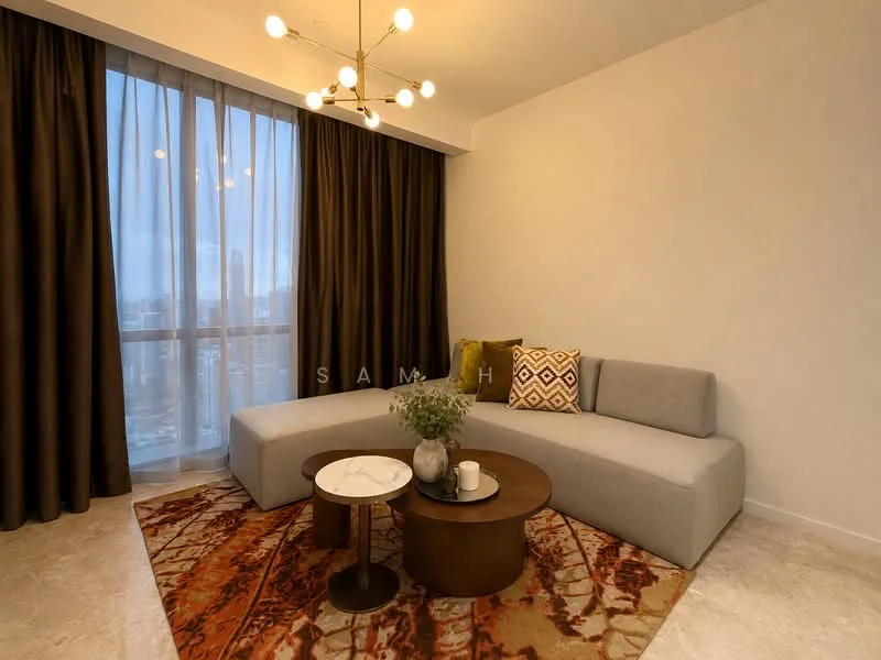 Living features: L-shape sectional sofa in light grey fabric, round coffee table with wooden base, decorative area rug with abstract pattern in warm tones, floor-to-ceiling windows with sheer curtains, chandelier with multiple bulbs, decorative throw pillows, vase with flowers on the coffee table, wall with white painted finish, marble flooring; style: modern; view: city.