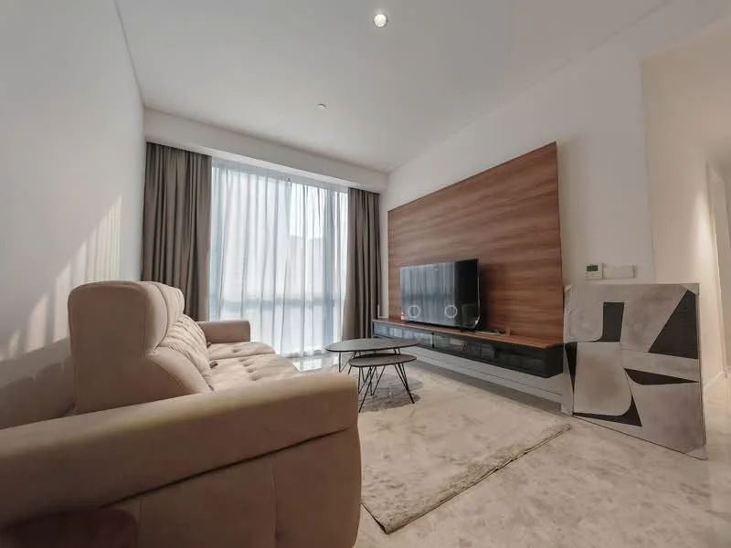 Living features: beige fabric sofa, coffee table, wall-mounted TV, wood feature wall, light grey area rug, floor-to-ceiling windows, sheer curtains, recessed downlights; style: modern.
