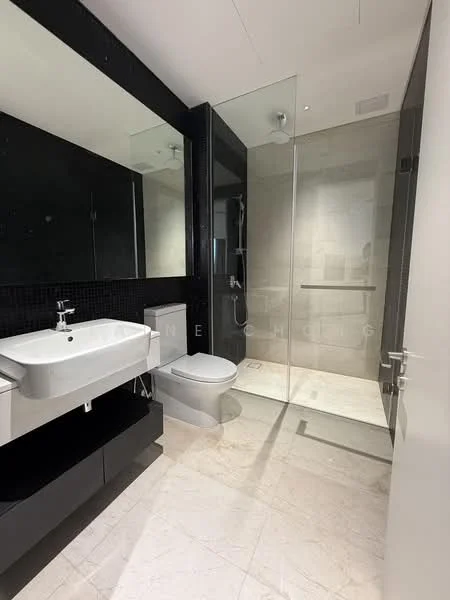 Bathroom features: white wall-mounted sink, chrome basin mixer faucet, wall-mounted toilet, walk-in shower with glass enclosure, rain shower head, handheld shower, marble tile flooring, black accent wall, large mirror, built-in shelving, recessed lighting; style: modern.